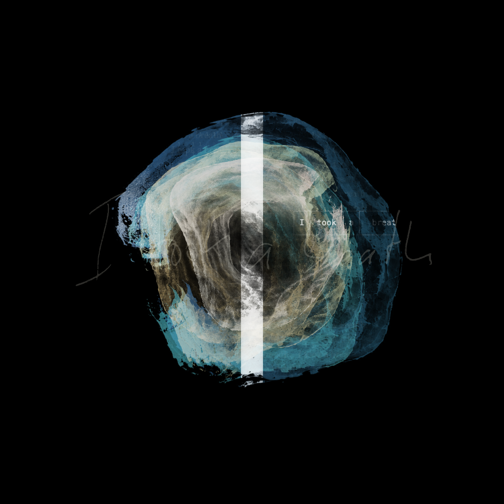 Breath: blue and ivory traces, handwriting and a pale vertical seam